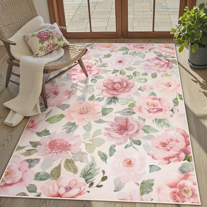 Lahome Floral Washable Rugs 3x5,Entryway Rug Soft Bedroom Rugs Ultra-Thin Home Decor Small Carpet for Bathroom Kitchen Rugs Kids Room,Office,College Dorm 3x5（Beige/Multi