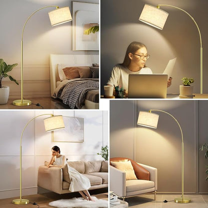Luvkczc Arc Floor Lamp, 71" Tall Standing Lamp with On/Off Foot Switch, Gold Floor Lamp for Living Room with Adjustable Drum Lampshade, Over Couch Arched Reading Light for Reading, Bedroom, Office