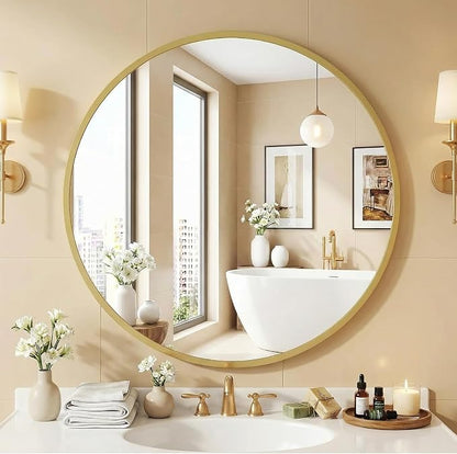 NEWBULIG 28 Inch Round Wall Mirror, Bathroom Mirrors for Over Sink, Matte Metal Framed Circle Vanity Mirror, Wall Decor for Bedroom, Entryway, Anti-Rust, Tempered Glass, Hanging or Leaning, Gold