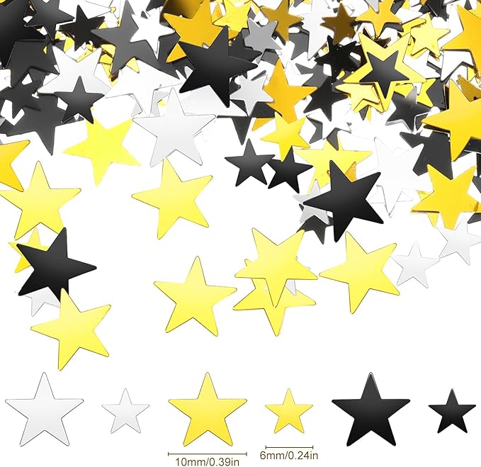 Hestya Star Confetti Glitter Table Confetti Metallic Foil Stars for Graduation Wedding Birthday Party Decorations(Silver Gold Black,10mm and 6mm,60g)
