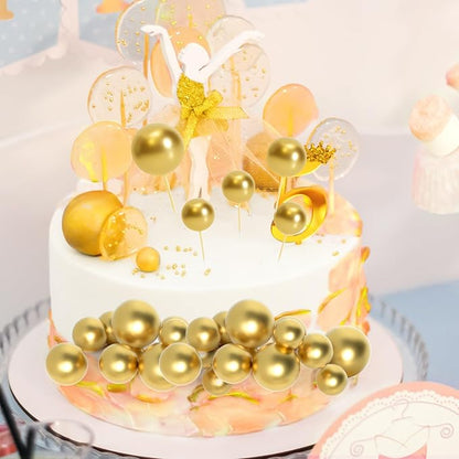 138 Pcs Gold Balls Cake Topper Decorations Balloon Cupcake Toppers Foam Multisize Cake Topper Balls for Graduation Birthday Party Wedding Anniversary