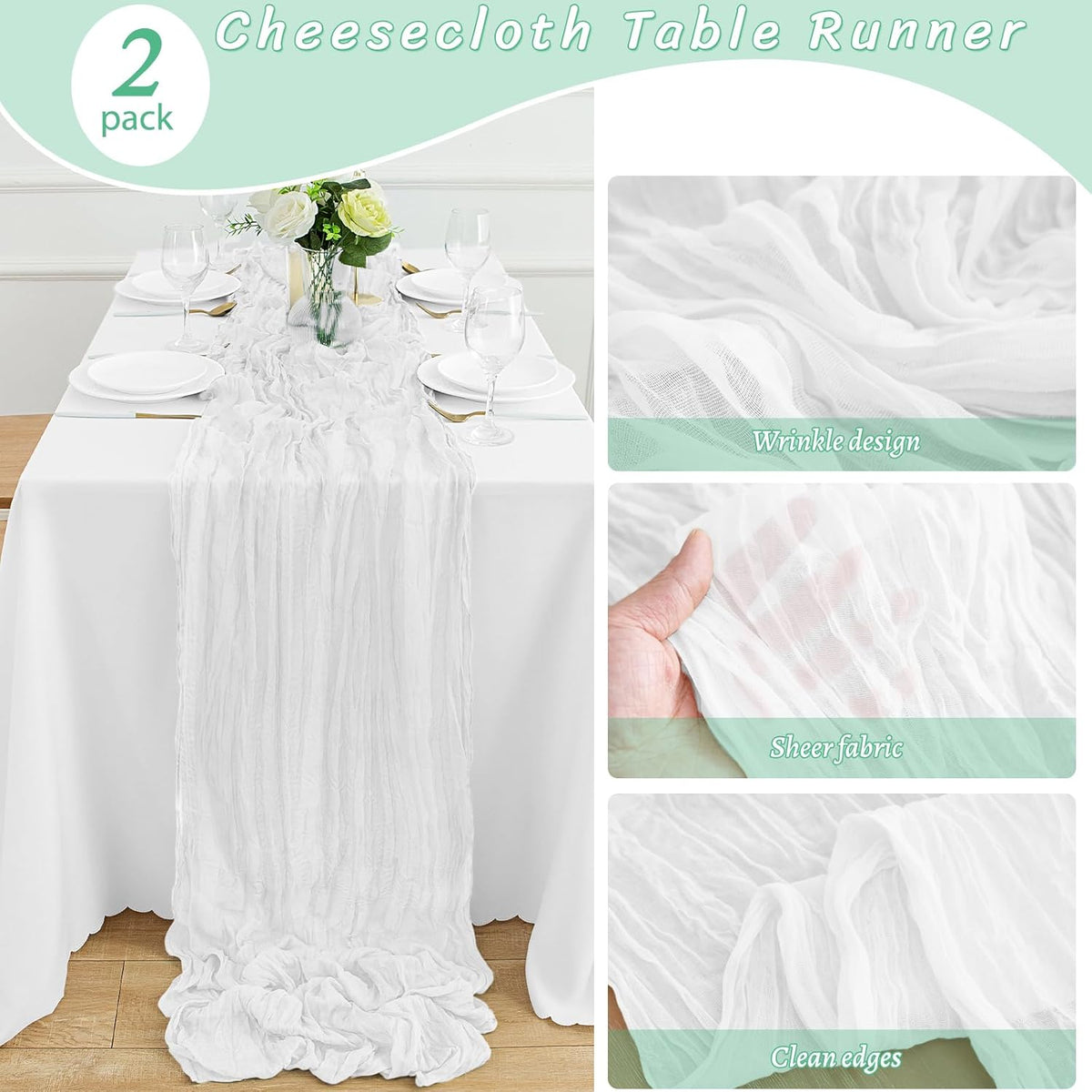 2Pack White Table Runner 10FT Cheesecloth Table Runner 35x120Inch Long Boho Cheese Cloth Table Runners Rustic Gauze Table Runners for Party Wedding Bridal Shower Baby Shower Decorations