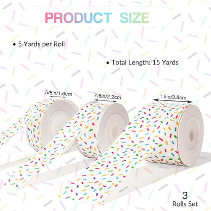 Candy Sprinkle Grosgrain Ribbon 3 Rolls Donuts White Colorful Sprinkle Ribbon 5/8", 7/8", 1.5" for Gift Wrapping, Birthday Donuts Theme Party, Baby Shower, Wreaths, Hair Bows, Banners, Candy Bags