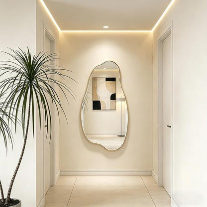 POZINO Large Irregular Beveled Mirror, 53.5"x27" Asymmetrical Wall Mirror with Gold Metal Frame, Organic Shape Mirrors for Entryway Bathroom Bedroom Hallway Living Room, Horizontal or Vertical Hanging