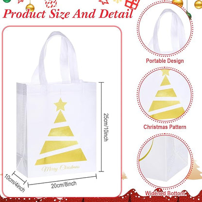 Wesnoy 24 Pcs Christmas Gift Bags Bulk 10 x 8 x 4 Inch Christmas White Gold Non Woven Party Favors Goodies Candy Bags with Handles for Holiday Gift Birthday Party Supplies
