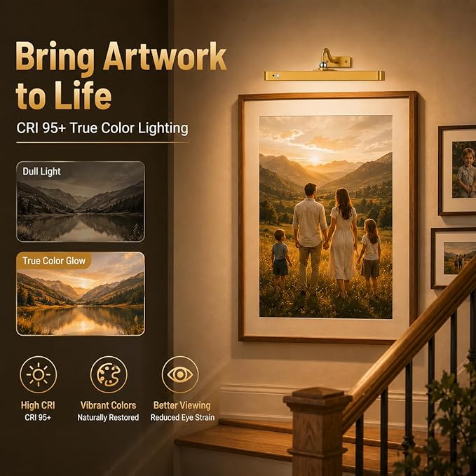 16" Gold Picture Light for Wall, Battery Operated Rechargeable Art Light with 6000mAh Battery, Motion Sensor, Remote, 3CCT Dimmable Cordless Painting Light for Artwork, Gallery, Hallway, 2 Pack