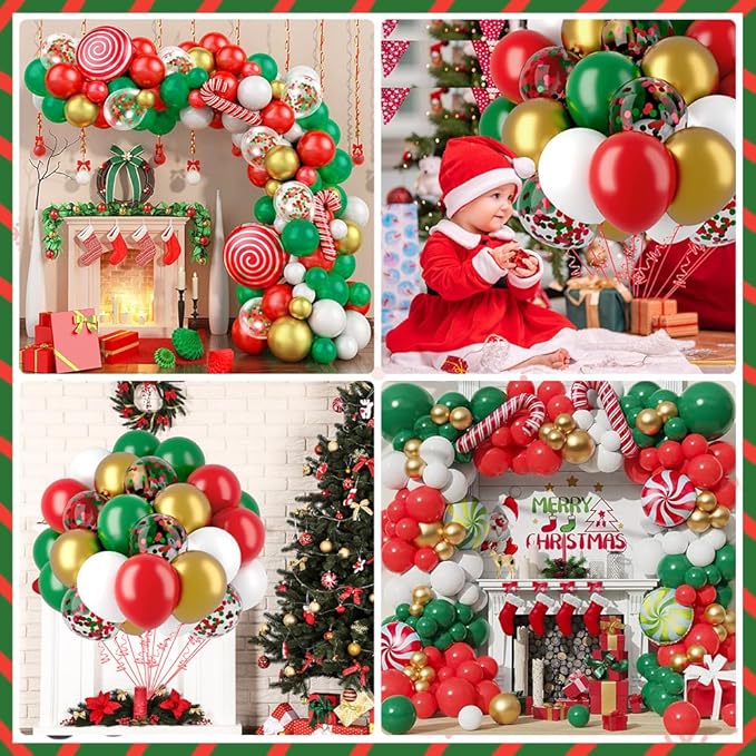 Christmas Red and Green Balloons 60 Pcs 12 inch Christmas Party Balloons Confetti Balloons Gold Metallic Latex Balloon Matte Holiday Balloons for Xmas Balloon Arch Party Birthday Decorations