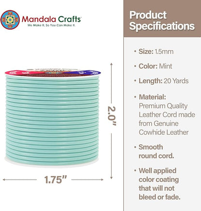 Mandala Crafts Round Genuine Mint Leather Cord for Jewelry Making – 1.5mm Cowhide Leather Rope String Lace for Kumihimo – 20 Yards Cowhide Craft Cording Spool