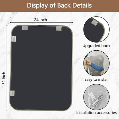 24x32 Inch Brushed Nickel Bathroom Mirror, Framed Rectangle Mirror with Rounded Corner, Brushed Mirror, Silver Bathroom Mirror for Over Sink, Vanity, Living Room, Bedroom, Horizontal/Vertical