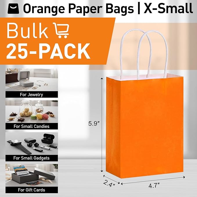 SUNCOLOR 25 Pieces Mini Goodie Bags Orange, 5.9 x 4.7 x 2.4 Inches Gift Bags with Handles for Party Favor Bags Halloween Candy Bags