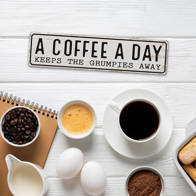 Coffee Signs Decor, A Coffee A Day Keeps the Grum Pies Away Sign, Farmhouse Wall Decor for Home, Vintage Bar or Dorm, Retro Metal Tin Sign, Decorative Metal Wall Signs 15.8x4 Inches