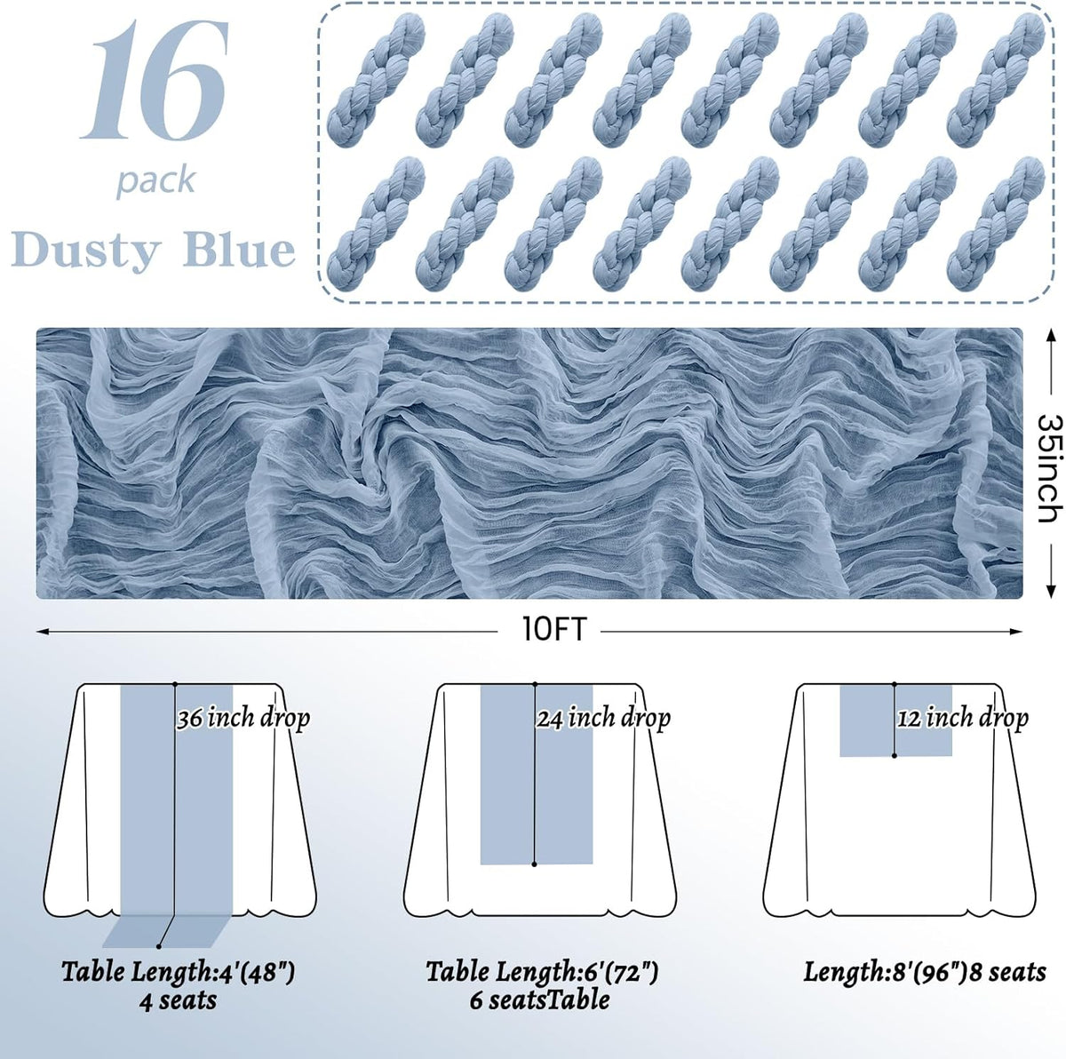 16Pack Dusty Blue Table Runner 10FT Cheese Cloth Table Runner 35x120Inch Long Boho Table Runners Rustic Gauze Table Runners for Party Wedding Bridal Shower Baby Shower Decorations