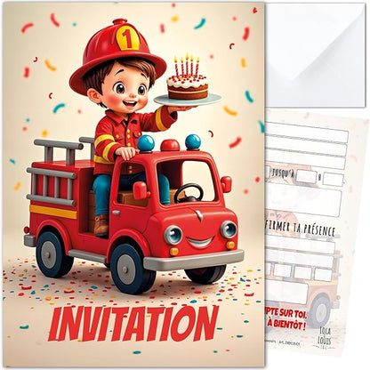 Lola and Louis® • 10 Children's Invitation Cards with Envelopes • Fire Truck Theme for Birthday and Parties • Easy to Fill • Girl and Boy Invitations • Thick Premium Quality Paper