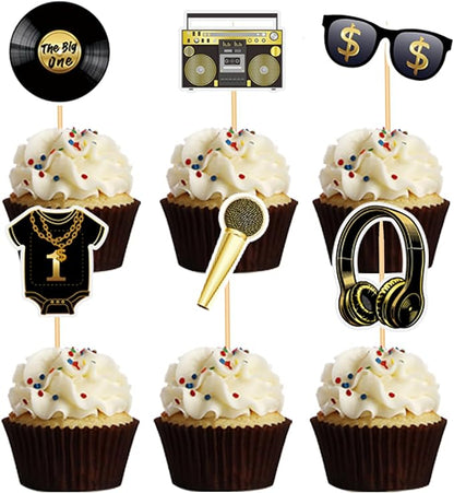 Notorious One 48 Pcs Gold Cake Toppers, Hip Hop Party Decorations for 1st Birthday Party, Premium Quality Reusable Paper Cupcake Toppers