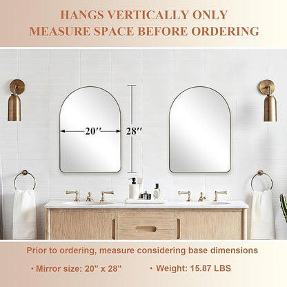 ANDY STAR Arched Mirror, 20 x 28 Inch Brushed Gold Wall Mirror in Stainless Steel Metal Frame, Arch Top Rounded Corner 1 Inch Deep Set Design Wall Mount Hangs Vertical