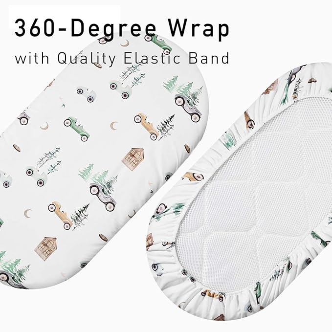 Gllquen Baby Bassinet Sheets 4 Pack, Breathable Cozy Fitted Mattress Sheet, Elastic Travel Crib Fashionable Pattern, Standard Cradle Safe Sheets for Baby Boys Girls 32"x16" (Car)