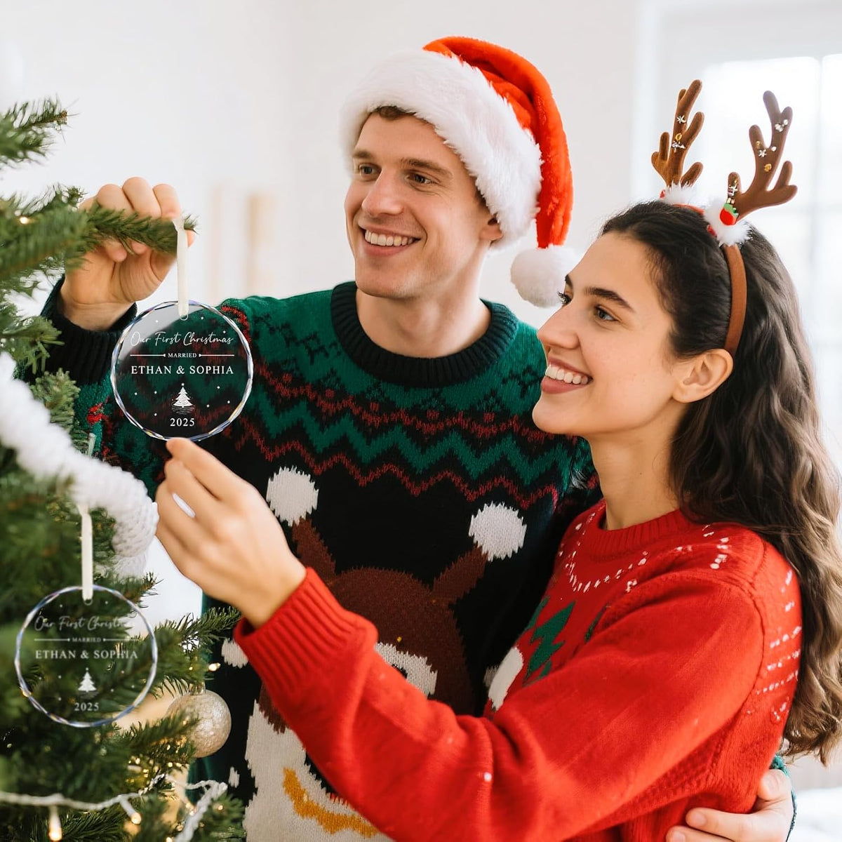 Personalized First Christmas Married Ornament 2025, 1st Year Wedding Ornament for Newlywed, Custom Christmas Ornament Hanging Decoration for Couples Just Married with Gift Box