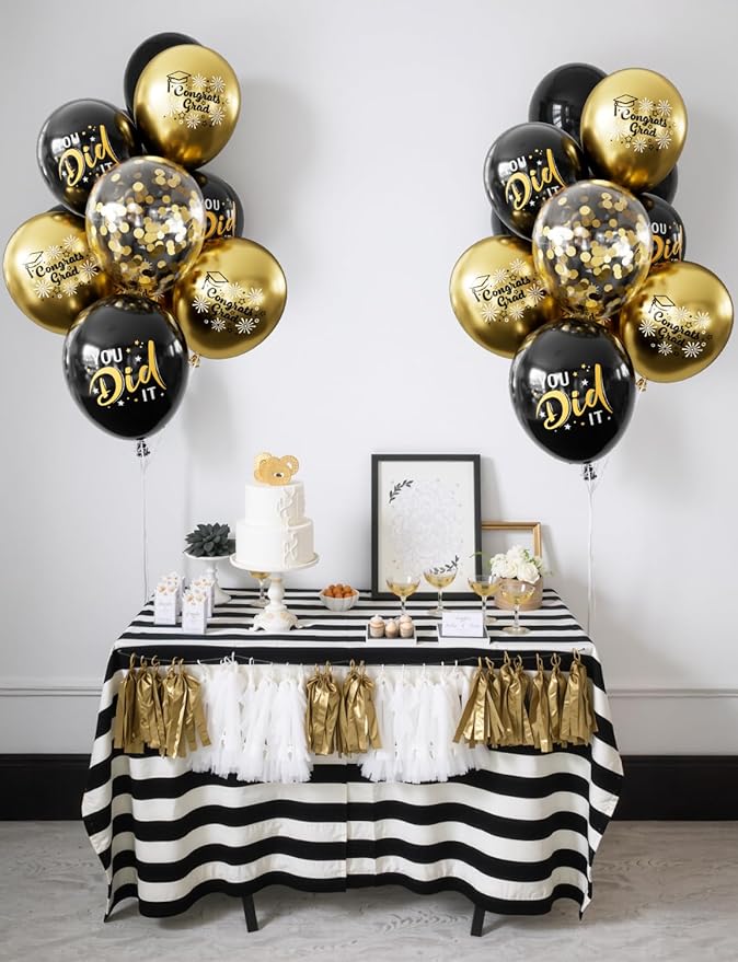 Graduation Balloons, Congrats Grad Balloons 12 Inch Black and Gold Balloon Class of 2026 Gold Confetti Latex Balloon for College High School Happy Graduation Party Decorations Supplies (18Pcs)