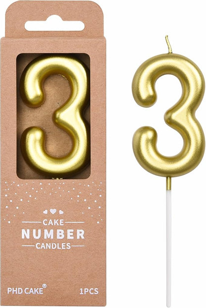 PHD CAKE 2.76 inch Classical Gold 3 Number Birthday Candles, Gold Number Candles, Cake Number Candles, Party Celebration
