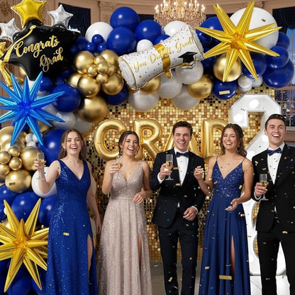 Royal Blue and Gold Graduation Balloons Garland Arch Kit 153Pcs, Graduation Decorations 2026 with Grad Cap, Certificate & Star Foil Balloons for Class of 2026 College High School Prom Supplies