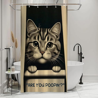 Cat Shower Curtains Cute are You Poopin' Funny Humorous Animal Whimsical Bathroom Curtain Curious Joke Cat Shower Curtain Sets for Bathroom Extra Long 54x72 in with 10 Hooks