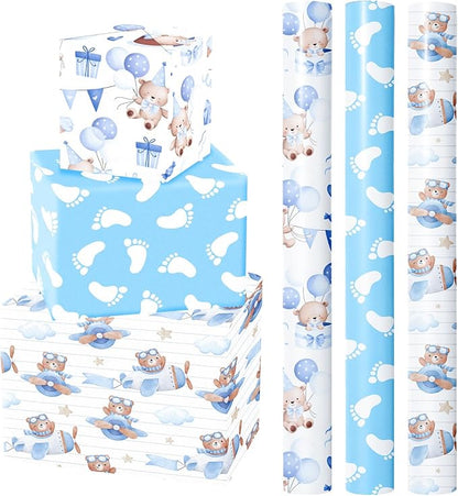 WRAPAHOLIC Bear Baby Shower Wrapping Paper - Mini Roll - 3 Rolls - 17 Inch x 120 Inch - Adventure Bear in Airplane and Party Design for Baby Shower, Boy Birthday