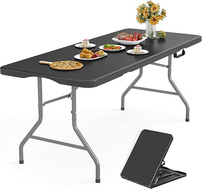 8Ft Foldable Table Portable Plastic Folding Table with Safety Locks, Lightweight & Durable for Parties, Dining, Weddings, Events, Picnics,Indoor & Outdoor Use (Black, 8FT)