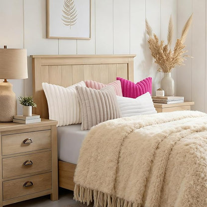 decorUhome Summer Cozy Faux Fur Throw Pillow Covers 12x20 Set of 2 Decorative Soft Plush Striped Lumbar Modern Farmhouse Boho Couch Pillow Cases with Velvet Back for Sofa Bed Living Room, Cream White