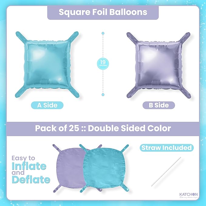 KatchOn Purple and Light Blue Square Foil Balloon Wall Backdrop – 19 Inches, Pack of 25 | Double-Sided Purple & Blue Balloons for Mermaid Birthday Decorations | Under the Sea Party Decorations