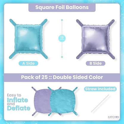 KatchOn Purple and Light Blue Square Foil Balloon Wall Backdrop – 19 Inches, Pack of 25 | Double-Sided Purple & Blue Balloons for Mermaid Birthday Decorations | Under the Sea Party Decorations