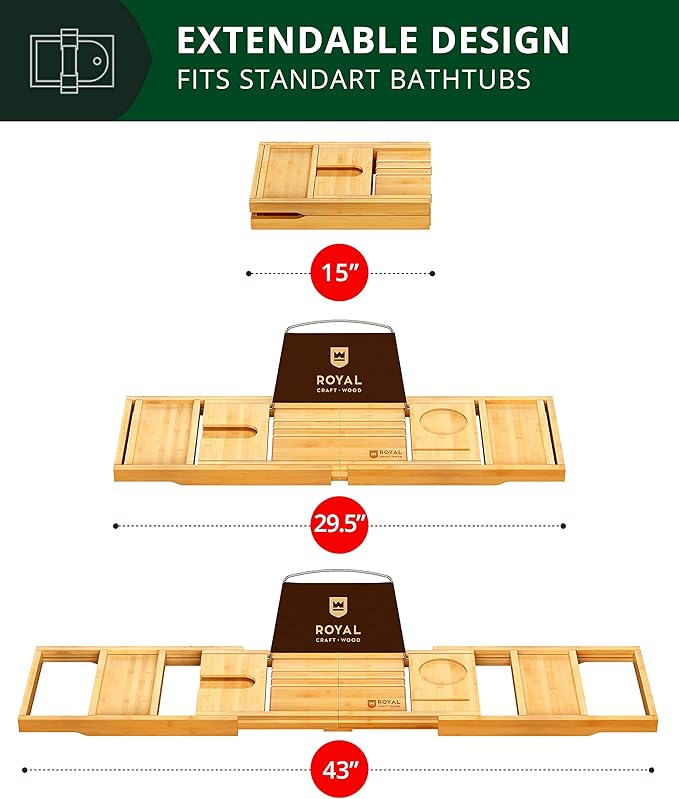 ROYAL CRAFT WOOD Premium Foldable Bathtub Tray Caddy - Wood Bath Tray for Tub, Bamboo Shelf, Expandable Bath Table Trays, Bathtub & Bathroom Accessories for New Home & Mothers, Birthday Gifts for Mom