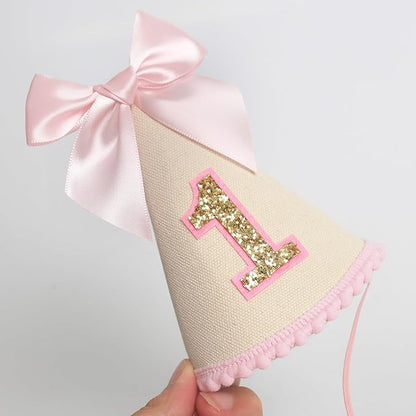 Pink Bow 1st Birthday Hat For Girl -Pink Girls First Birthday Decorations,Princess Theme Photo Prop,Size: 5.5×3.1 In
