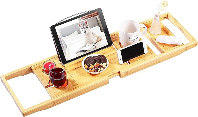 VaeFae Bamboo Bathtub Caddy Tray, Expandable Bath Tray for Tub with Upgraded Wine Slots and Book Holder - Ideal for One or Two Person Use