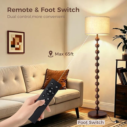 62" Vintage Farmhouse Floor Lamp for Living Room,3 Color Temperatures & Dimmable,Rustic Standing Lamp with Remote & Foot Switch,Retro Wood Grain Tall Floor Lamp for Bedroom Office Corner(Walnut)