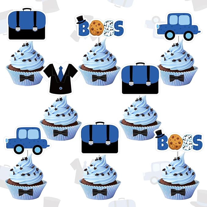 36Pcs Boss Cupcake Toppers for Boys Blue Black Happy Bossday Theme Birthday Party Decorations Car Boss Theme Table Topper for Baby Boy Boss 1st 2nd 3rd Birthday Party Decor Supplies