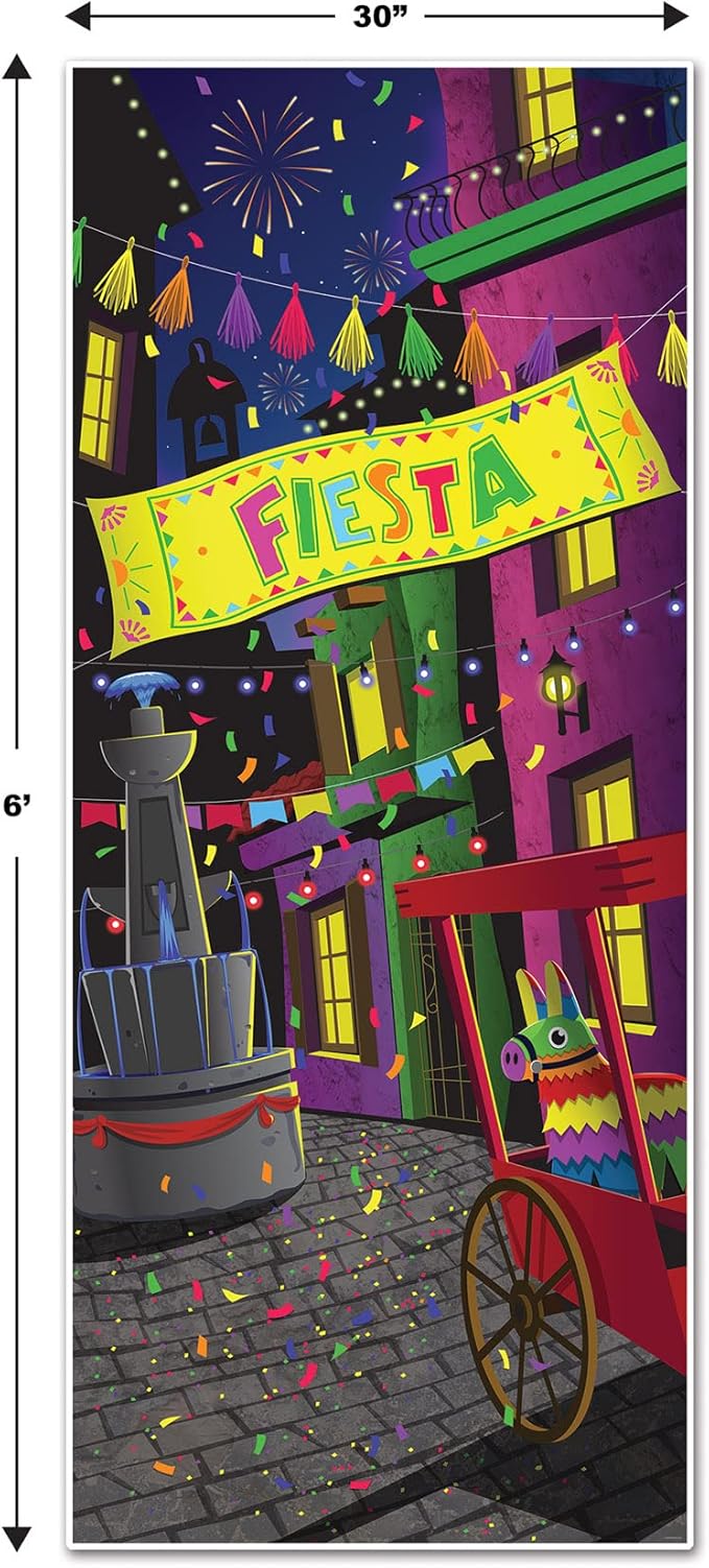 Beistle Fiesta Door Covers – 2-Count All-Weather Plastic Party Decorations for Entryways – Colorful Mexican Scene with Pinata & Banner for Cinco De Mayo Celebrations – 6' x 30"