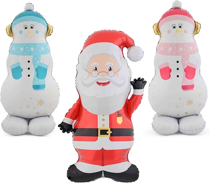 Christmas Ballooons Giant Standing Snowman Balloons Large Santa Claus Balloon with Base for Christmas-Themed Party Birthday Party Supplies Decorations 3 PCS