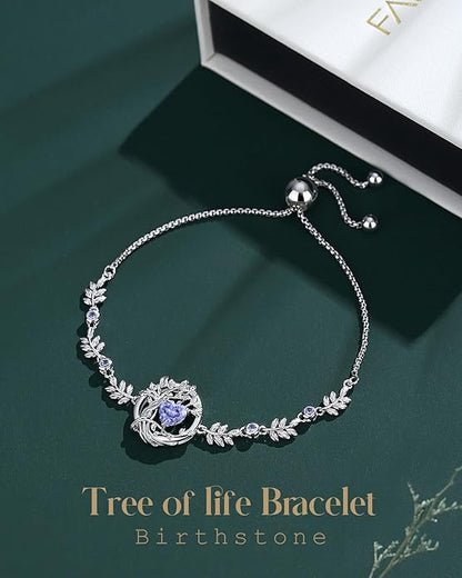 FANCIME Valentines Day Gift Tree of life Birthstone Bracelet for Women Sterling Silver Tree Jewelry Birthstone Charm Bracelet Gemstone Anniversary Birthday Gifts for Wife Mom Her