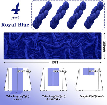 4Pack Royal Blue Cheesecloth Table Runner 10FT Gauze Cheese Cloth Table Runner 35x120Inch Long Boho Spring Easter Table Runners Rustic Sheer Table Runners for Wedding Baby Shower Bridal Shower Decor