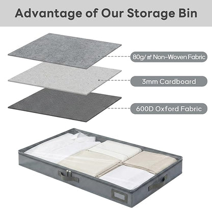 4-Inch Under Bed Storage Containers (2-Pack) | Sturdy Sidewalls | Clear Cover & Label Holder | Foldable Fabric Closet Bin Organizer | Stores Clothing/Blankets/Sweaters/Sheets