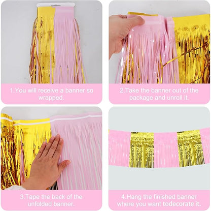 BEISHIDA 3 Packs Metallic Foil Fringe Garland Macaron Pink Gold Wall Hanging Tinsel Fringe Banners for Car Floats Bridal Shower Wedding Birthday Graduation Holiday Party Decoration(30 Feet)
