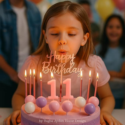 by Tugba Aydan - 33 Pcs Pink Birthday Candle Set with Number Candles 0–9, Metallic Long Candles, Ball&Text Toppers-Complete Cake Decoration Kit for Kids & Adults Birthday Party
