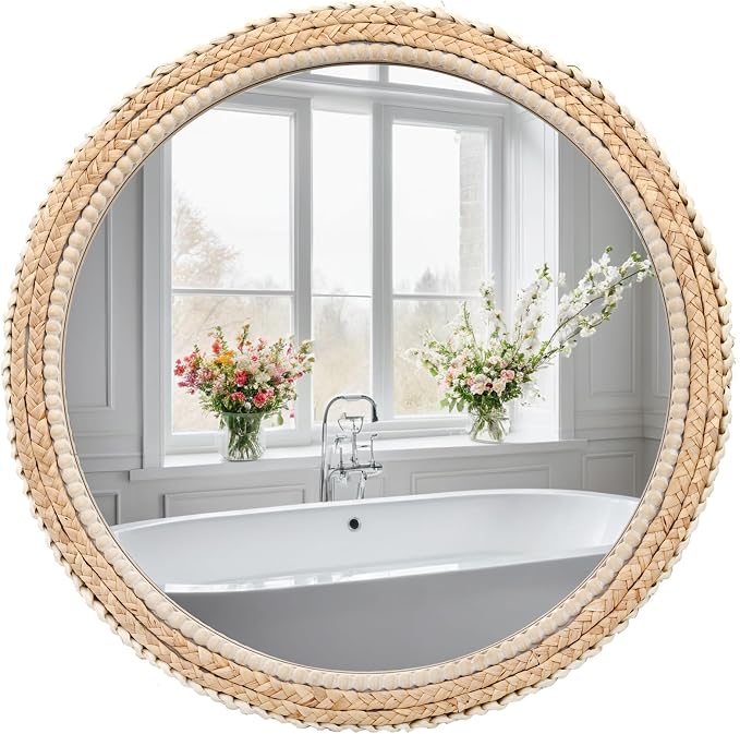 FUIN 24" Rattan and Wood Round Mirror for Boho Bathroom, Entryway, Living Room Decor