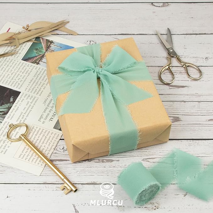 Dusty Green Chiffon Ribbon 1-1/2 Inch x 21Yards Handmade Fringe Silk Boho Frayed for Gift Wrapping, Wedding Invitation, Bridal Flower Bouquets