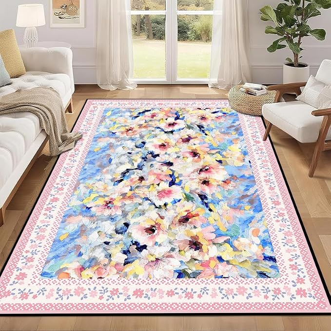 Floral Oil Painting Area Rug Watercolor Flower Print Rugs for Entryway Bedroom Living Room Nursery Kitchen Playroom Home Decor Washable Low Pile Floor Mat Carpet,5'x7'