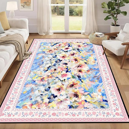 Floral Oil Painting Area Rug Watercolor Flower Print Rugs for Entryway Bedroom Living Room Nursery Kitchen Playroom Home Decor Washable Low Pile Floor Mat Carpet,5'x7'