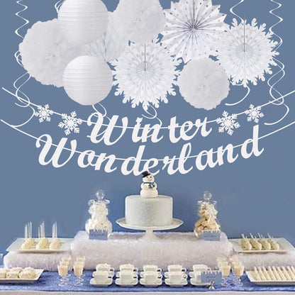 Winter-Wonderland Christmas-Snowflake White Party-Decorations - 21pcs Wedding Baby Shower Snow Banner,Paper Lanterns Honeycomb Streamers,Tissue Pom Poms Flower Fan,Classroom Hanging Decor Huglony