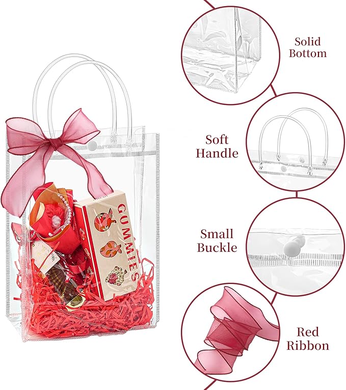 Jutieuo 24 PCS Clear Gift Bags with Handles, 6.7 x 9.1 x 2.8 Inches Reusable Plastic Goodie Bag Transparent Party Favor Bags Bulk for Weddings Birthdays Events, Classrooms & Celebrations
