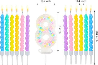 PHD CAKE Number 8 Birthday Candle Macaron Glitter Number Candle with Rainbow Spiral Candles in Holders for Cake Topper, Pastel Sweet Theme Party Decoration