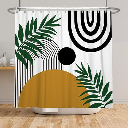 Boho Mid Century Shower Curtain Bohemian Abstract Modern Sun Bathroom Curtain Geometric Arch Curve Leaves Polyester Shower Curtain Sets for Bathroom Extra Long 72x72 in with 12 Hooks